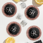 Custom Rose Gold Glitter Black Sparkle Monogram Coaster Set<br><div class="desc">Easily personalise this trendy elegant coaster set design featuring pretty rose gold sparkling glitter on a black brushed metallic background.</div>