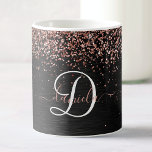 Custom Rose Gold Glitter Black Sparkle Monogram Coffee Mug<br><div class="desc">Easily personalise this trendy elegant coffee mug design featuring pretty rose gold sparkling glitter on a black brushed metallic background.</div>