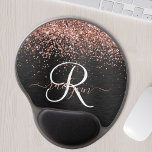 Custom Rose Gold Glitter Black Sparkle Monogram  Gel Mouse Mat<br><div class="desc">Easily personalise this trendy elegant gel mouse pad design featuring pretty rose gold sparkling glitter on a black brushed metallic background.</div>