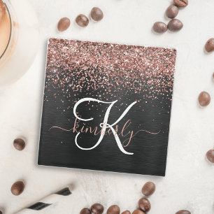 Custom Rose Gold Glitter Black Sparkle Monogram Glass Coaster