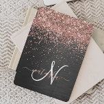 Custom Rose Gold Glitter Black Sparkle Monogram iPad Air Cover<br><div class="desc">Easily personalise this trendy elegant iPad cover design featuring pretty rose gold sparkling glitter on a black brushed metallic background.</div>