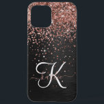 Custom Rose Gold Glitter Black Sparkle Monogram iPhone 12 Pro Max Case<br><div class="desc">Easily personalise this trendy elegant phone case design featuring pretty rose gold sparkling glitter on a black brushed metallic background.</div>