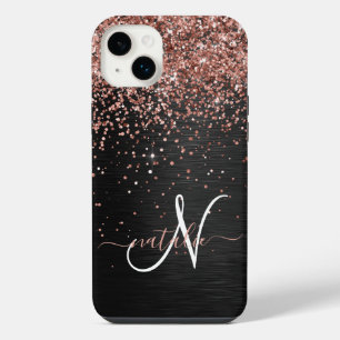 Custom Rose Gold Glitter Black Sparkle Monogram iPhone 14 Plus Case