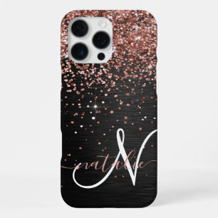 Custom Rose Gold Glitter Black Sparkle Monogram iPhone 16 Pro Max Case