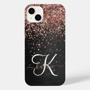 Custom Rose Gold Glitter Black Sparkle Monogram iPhone 14 Plus Case