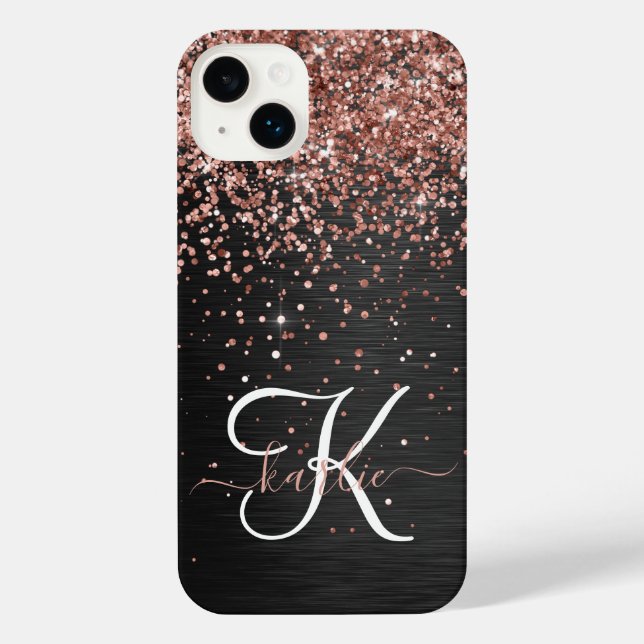 Custom Rose Gold Glitter Black Sparkle Monogram iPhone Case (Back)