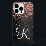 Custom Rose Gold Glitter Black Sparkle Monogram iPhone 14 Pro Max Case<br><div class="desc">Easily personalise this trendy elegant phone case design featuring pretty rose gold sparkling glitter on a black brushed metallic background.</div>