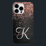 Custom Rose Gold Glitter Black Sparkle Monogram iPhone 14 Pro Max Case<br><div class="desc">Easily personalise this trendy elegant phone case design featuring pretty rose gold sparkling glitter on a black brushed metallic background.</div>