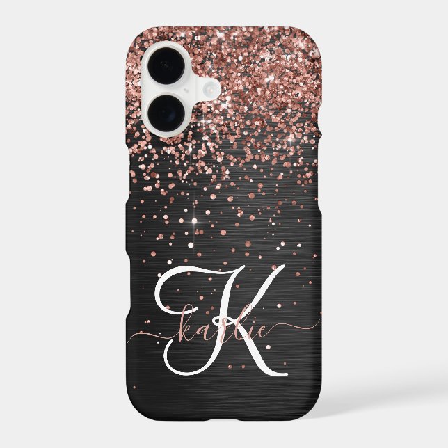 Custom Rose Gold Glitter Black Sparkle Monogram iPhone Case (Back)