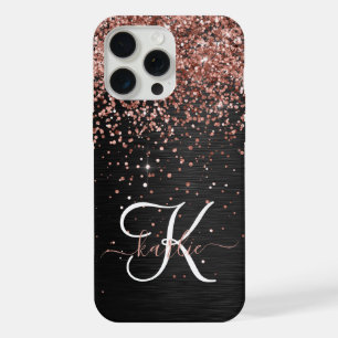 Custom Rose Gold Glitter Black Sparkle Monogram iPhone 15 Pro Max Case