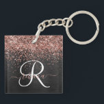Custom Rose Gold Glitter Black Sparkle Monogram Key Ring<br><div class="desc">Easily personalise this trendy elegant keychain design featuring pretty rose gold sparkling glitter on a black brushed metallic background.</div>
