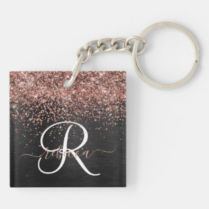 Custom Rose Gold Glitter Black Sparkle Monogram Key Ring
