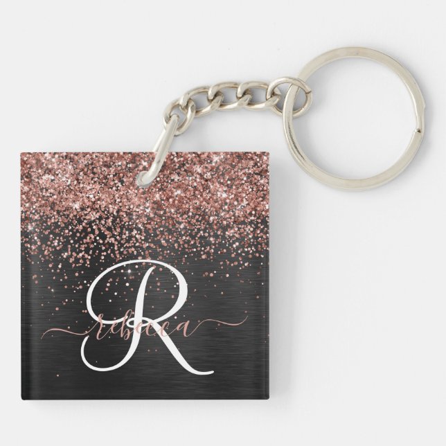Custom Rose Gold Glitter Black Sparkle Monogram Key Ring (Back)