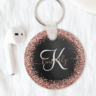 Custom Rose Gold Glitter Black Sparkle Monogram Key Ring