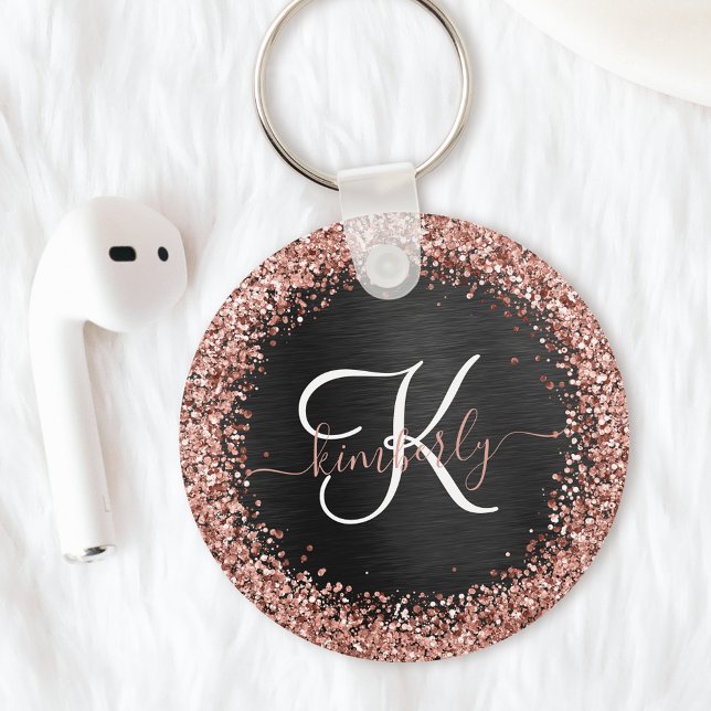Custom Rose Gold Glitter Black Sparkle Monogram Key Ring (Creator Uploaded)