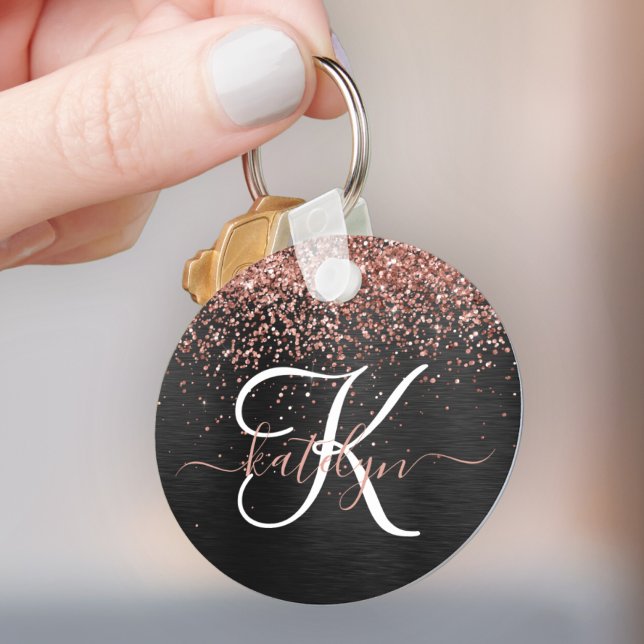 Custom Rose Gold Glitter Black Sparkle Monogram Key Ring (Make your keys stand out with this gorgeous rose gold glitter keychain with your monogram and name)