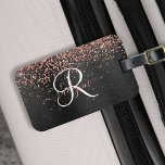 Custom Rose Gold Glitter Black Sparkle Monogram Luggage Tag<br><div class="desc">Easily personalise this trendy elegant luggage tag design featuring pretty rose gold sparkling glitter on a black brushed metallic background.</div>