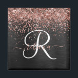 Custom Rose Gold Glitter Black Sparkle Monogram Magnet<br><div class="desc">Easily personalise this trendy elegant magnet design featuring pretty rose gold sparkling glitter on a black brushed metallic background.</div>