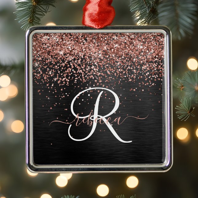 Custom Rose Gold Glitter Black Sparkle Monogram Metal Tree Decoration (Creator Uploaded)