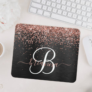Custom Rose Gold Glitter Black Sparkle Monogram Mouse Mat