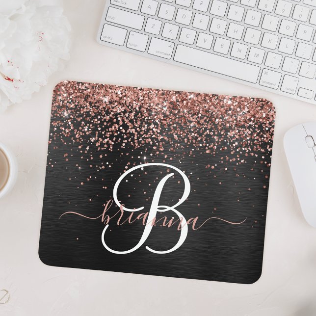 Custom Rose Gold Glitter Black Sparkle Monogram Mouse Mat (Creator Uploaded)