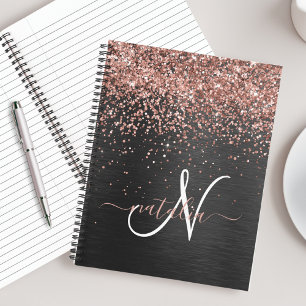 Custom Rose Gold Glitter Black Sparkle Monogram Notebook