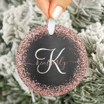 Custom Rose Gold Glitter Black Sparkle Monogram Ornament<br><div class="desc">Easily personalise this trendy elegant ornament design featuring pretty rose gold sparkling faux glitter on a black brushed metallic background.</div>