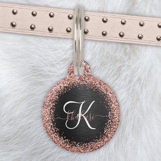 Custom Rose Gold Glitter Black Sparkle Monogram Pet Tag