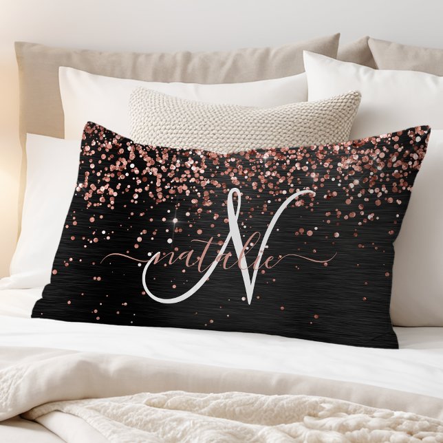 Custom Rose Gold Glitter Black Sparkle Monogram Pillowcase (Creator Uploaded)