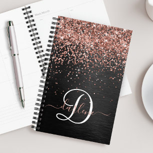 Custom Rose Gold Glitter Black Sparkle Monogram Planner