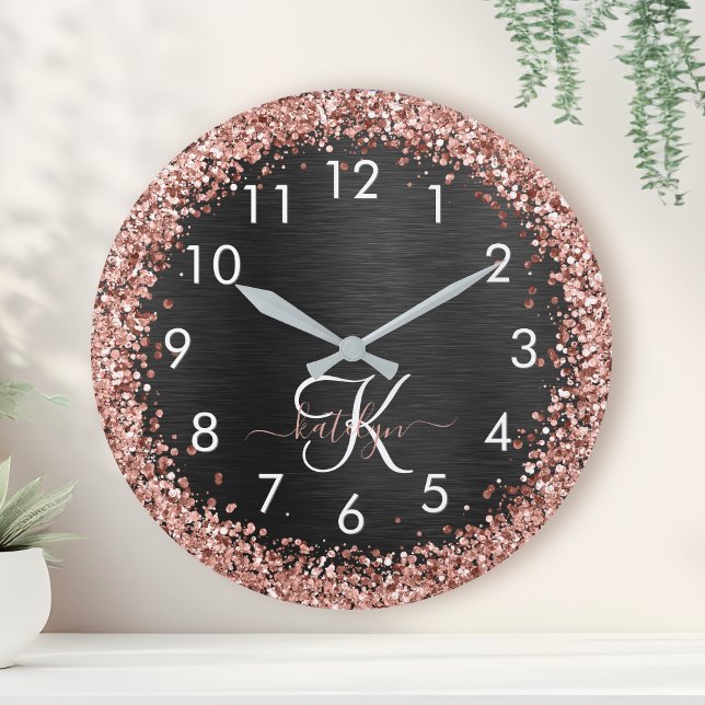 Custom Rose Gold Glitter Black Sparkle Monogram Round Clock (Creator Uploaded)