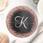 Custom Rose Gold Glitter Black Sparkle Monogram Round Paper Coaster<br><div class="desc">Easily personalise this trendy elegant paper coaster design featuring pretty rose gold sparkling glitter on a black brushed metallic background.</div>