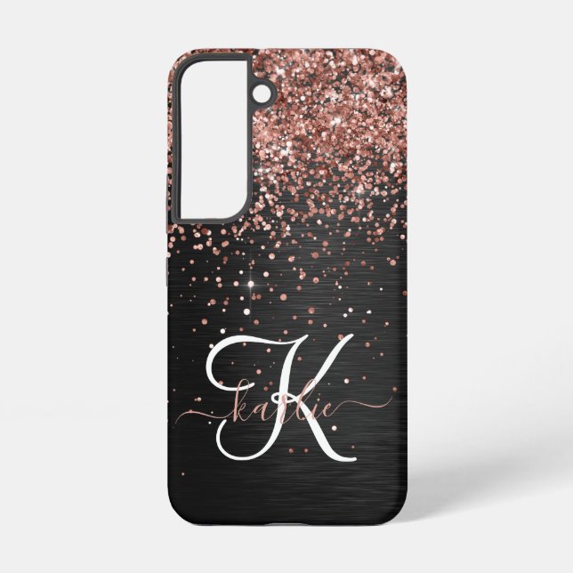 Custom Rose Gold Glitter Black Sparkle Monogram Samsung Galaxy S22 Case (Back)