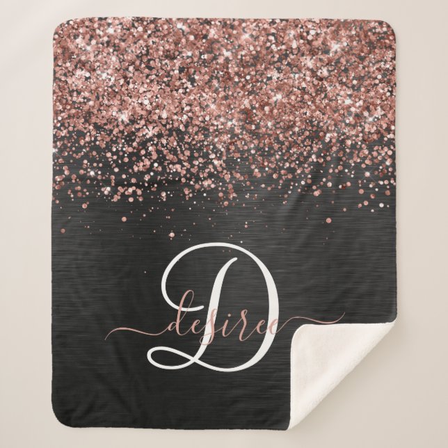 Custom Rose Gold Glitter Black Sparkle Monogram Sherpa Blanket (Front)