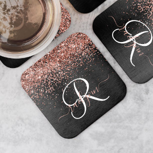 Custom Rose Gold Glitter Black Sparkle Monogram Square Paper Coaster