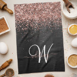 Custom Rose Gold Glitter Black Sparkle Monogram Tea Towel<br><div class="desc">Easily personalise this trendy elegant kitchen towel design featuring pretty rose gold sparkling glitter on a black brushed metallic background.</div>