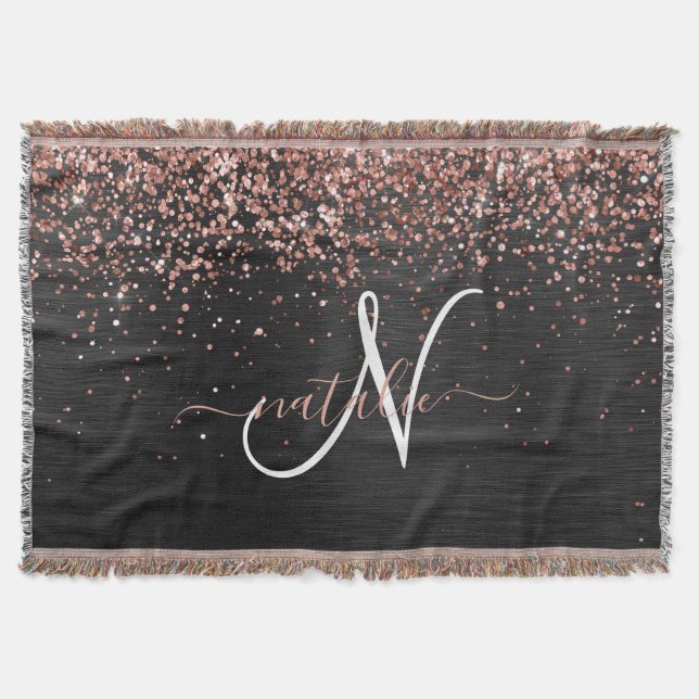Custom Rose Gold Glitter Black Sparkle Monogram Throw Blanket (Front)