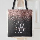 Custom Rose Gold Glitter Black Sparkle Monogram Tote Bag<br><div class="desc">Easily personalise this trendy elegant tote bag design featuring pretty rose gold sparkling glitter on a black brushed metallic background.</div>