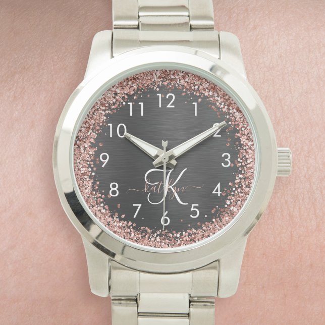  Custom Rose Gold Glitter Black Sparkle Monogram Watch (Creator Uploaded)