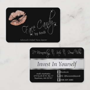 Custom - Rose Gold Glitter Lips & Silver, Black  B Business Card