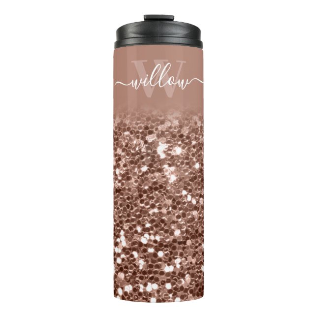 Custom Rose Gold Glitter Monogram Name Thermal Tumbler (Front)