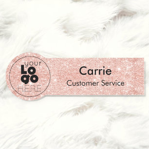 Custom Rose Gold Glitter Name Tag with Round Logo