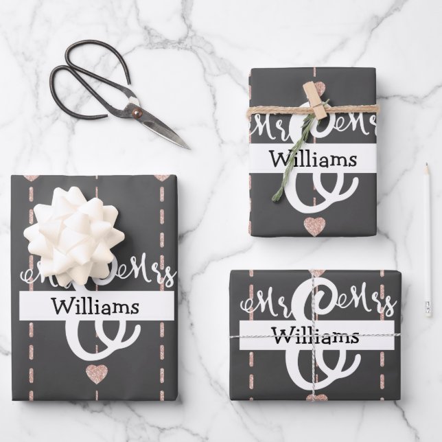Custom Rose Gold Heart Pattern Mr & Mrs Wedding Wrapping Paper Sheet (Front)