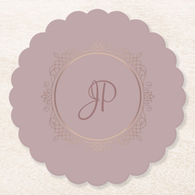 Custom Rose Gold Monogram Template Elegant Paper Coaster (Front)