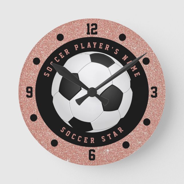 Custom Rose Gold Pink Girls Soccer Ball Football Round Clock (Front)