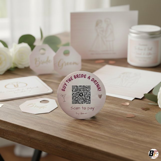 Custom Rose Gold QR Code "Buy the Bride a Drink"  6 Cm Round Badge (Creator Uploaded)