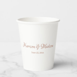 Custom rose gold script Couple Name Date Wedding Paper Cups