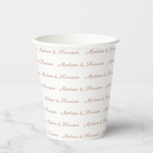 Custom rose gold script couple name text elegant paper cups (Front)