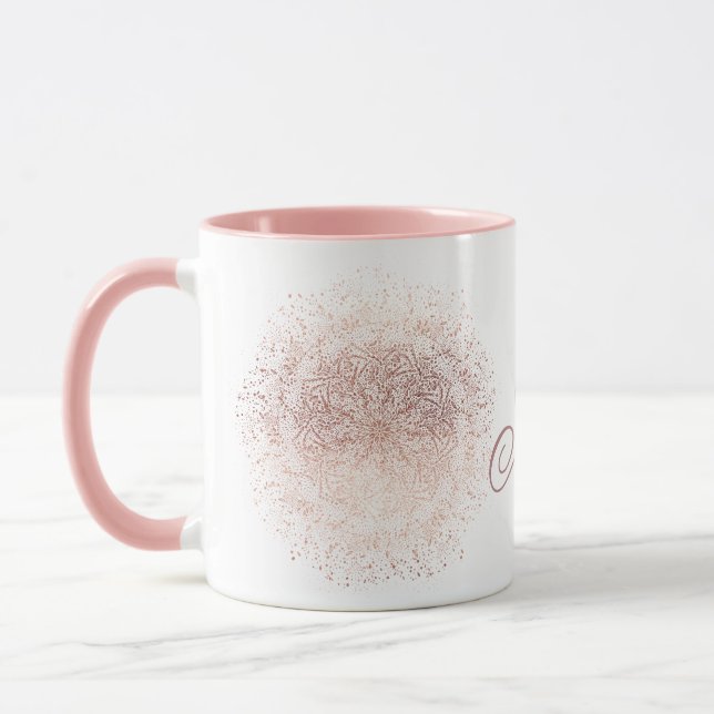Custom Rose Gold Snowflake Christmas Coffee Mug (Left)