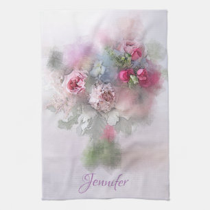 Custom Roses Bouquet Personalised Modern Floral Tea Towel
